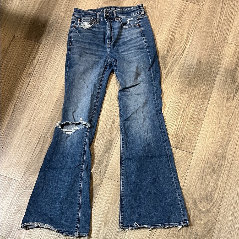 American Eagle Outfitters Dark Blue Distressed Flare Jeans